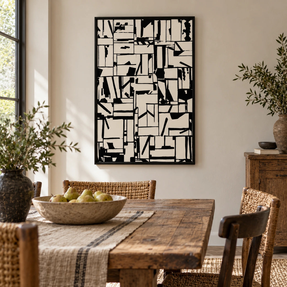 Black and Cream Abstract Grid Oil Painting | Irregular Geometric Lines and Angular Marks Vertical Modern Wall Art OA 1753