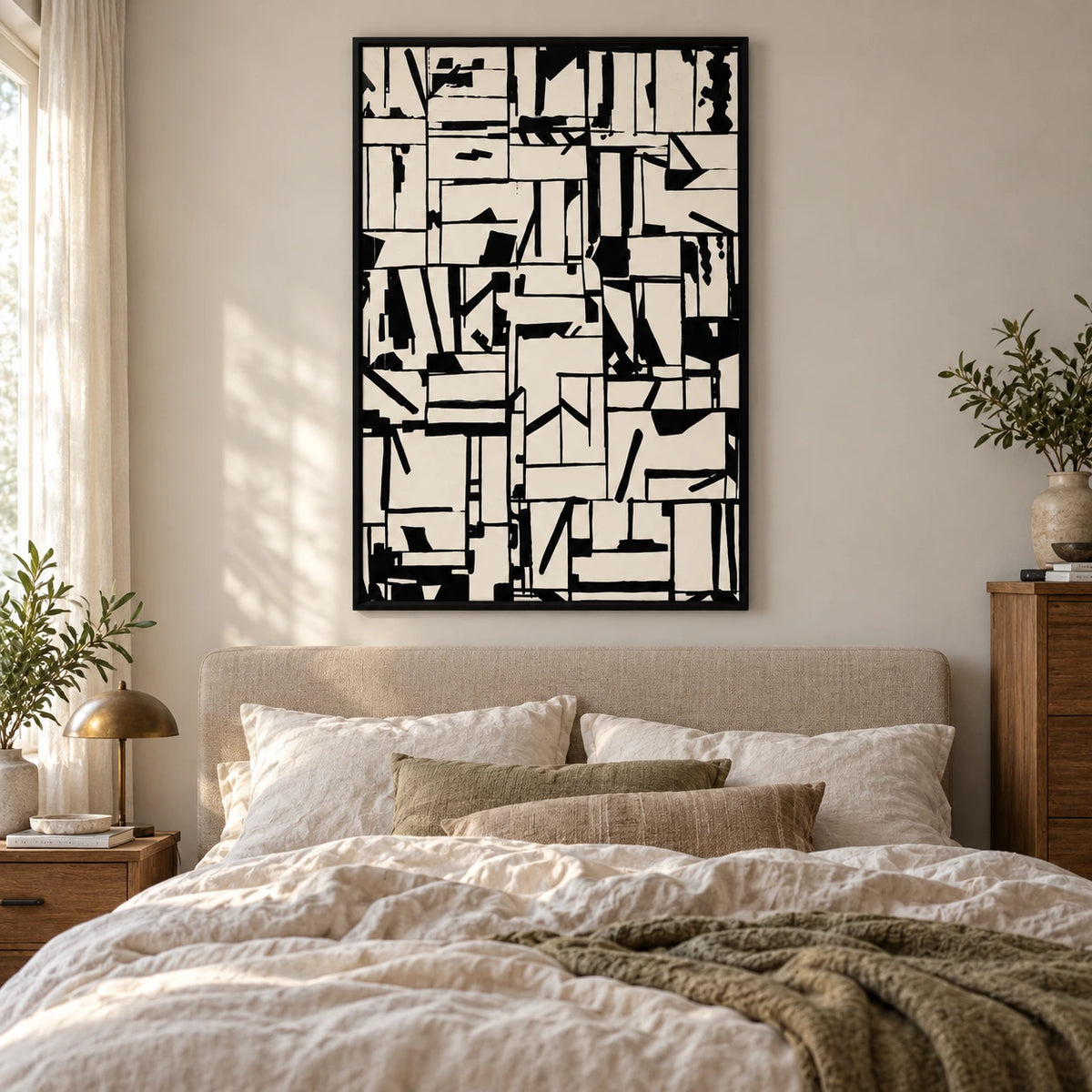 Black and Cream Abstract Grid Oil Painting | Irregular Geometric Lines and Angular Marks Vertical Modern Wall Art OA 1753
