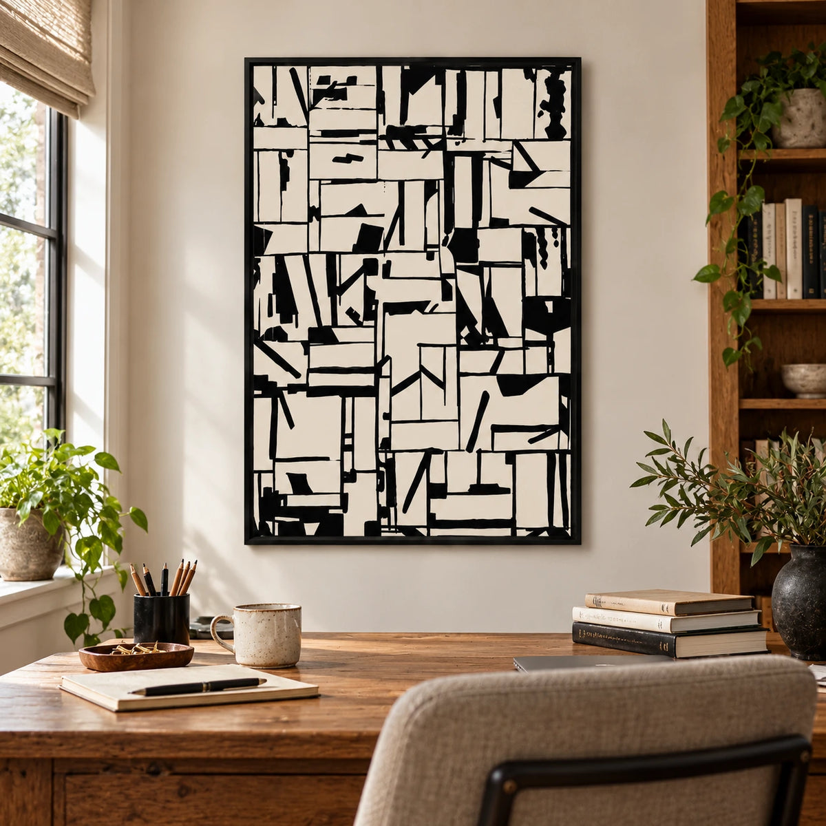 Black and Cream Abstract Grid Oil Painting | Irregular Geometric Lines and Angular Marks Vertical Modern Wall Art OA 1753