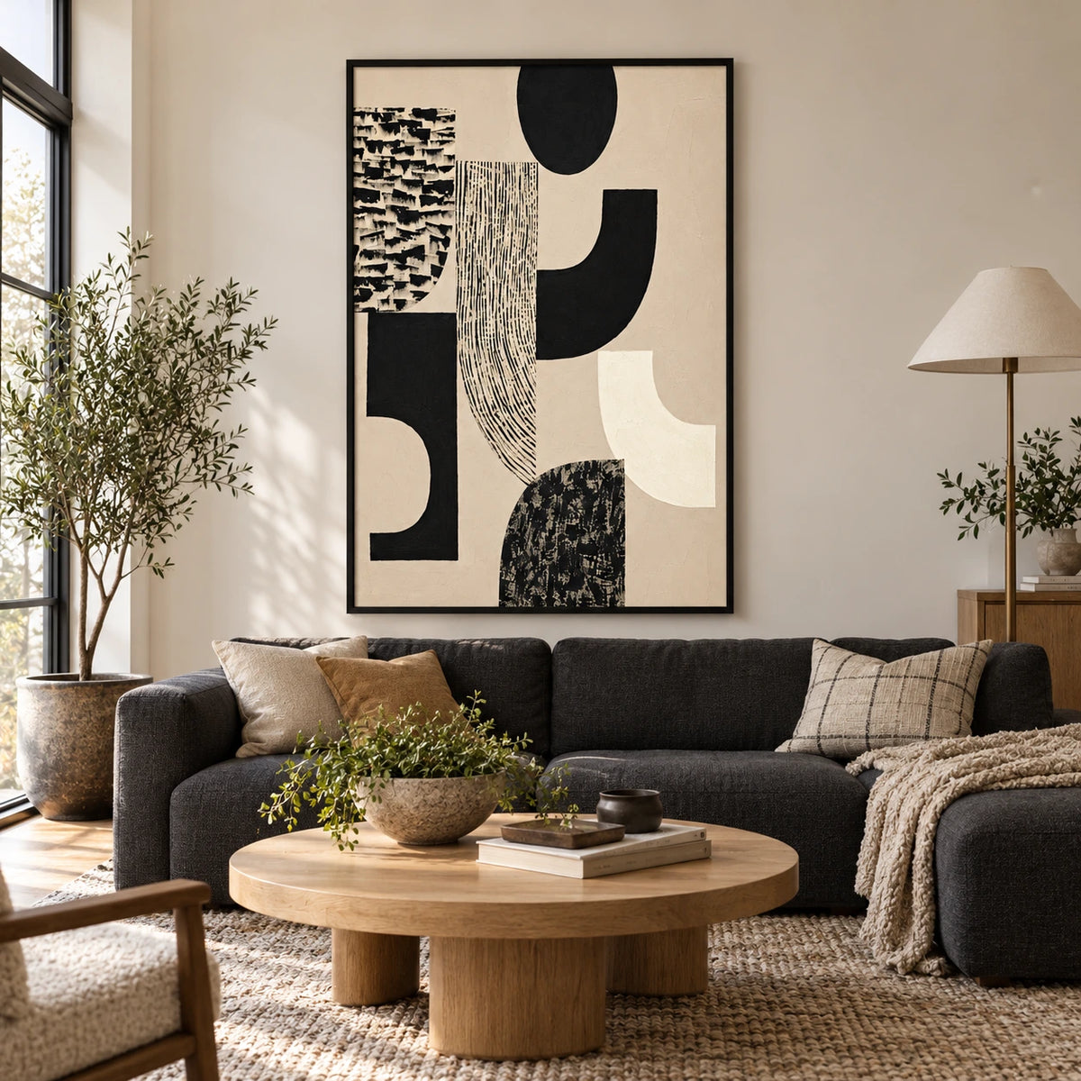 Black and Cream Geometric Oil Painting | Curved Blocks Striped Shapes and Textured Marks Vertical Abstract Wall Art OA 1747