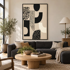 Black and Cream Geometric Oil Painting | Curved Blocks Striped Shapes and Textured Marks Vertical Abstract Wall Art #OA 1747