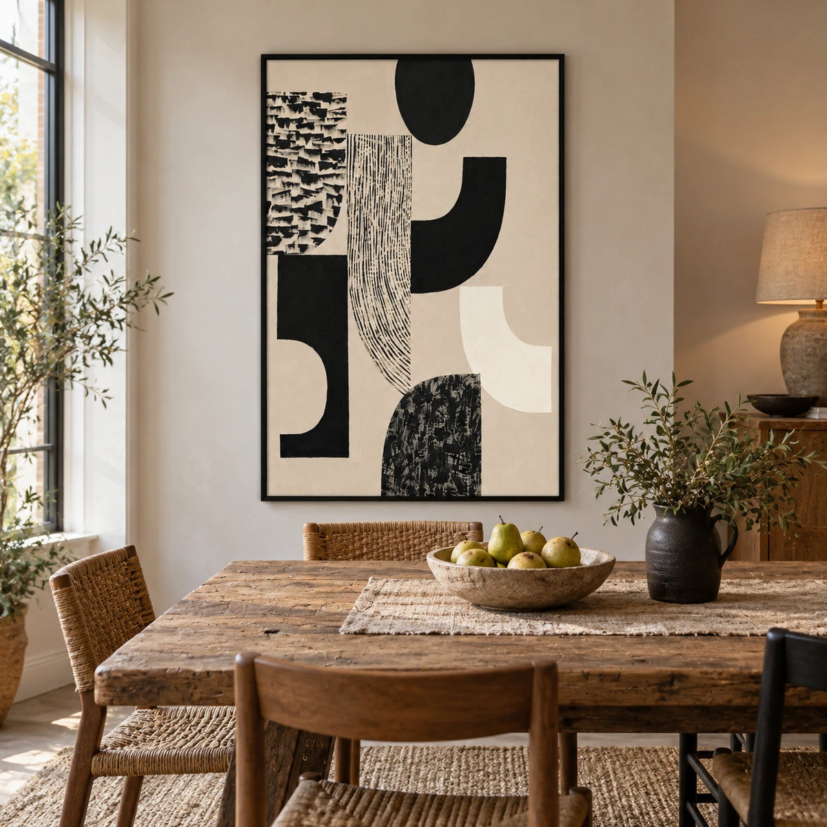 Black and Cream Geometric Oil Painting | Curved Blocks Striped Shapes and Textured Marks Vertical Abstract Wall Art OA 1747