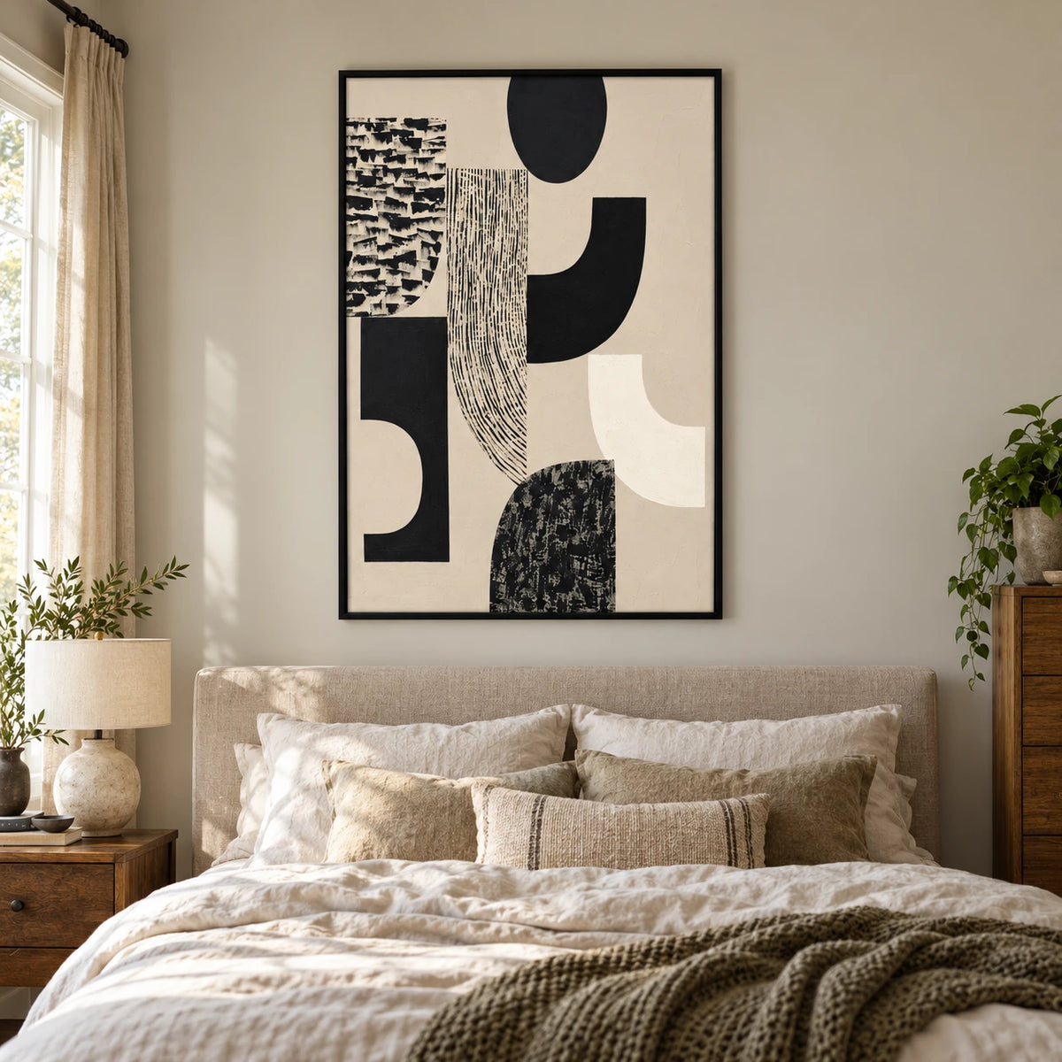 Black and Cream Geometric Oil Painting | Curved Blocks Striped Shapes and Textured Marks Vertical Abstract Wall Art OA 1747