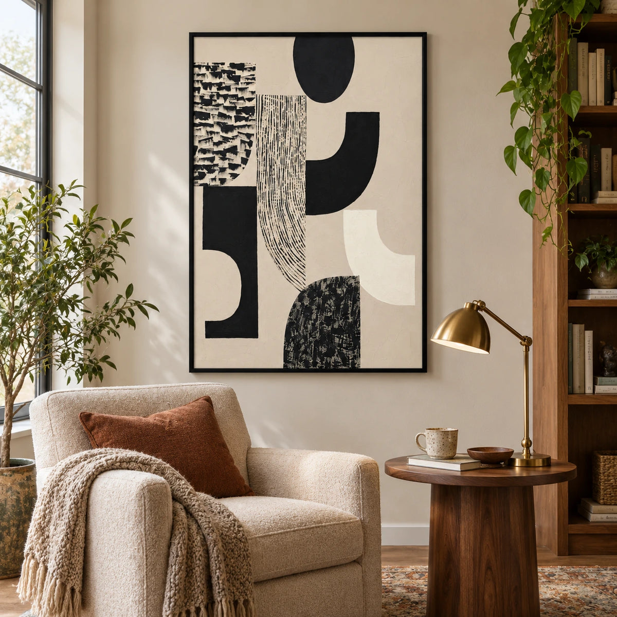 Black and Cream Geometric Oil Painting | Curved Blocks Striped Shapes and Textured Marks Vertical Abstract Wall Art OA 1747