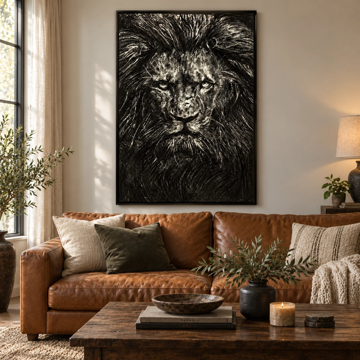 Black and Cream Lion Portrait Oil Painting | Front Facing Face and Flowing Mane Textured Vertical Wildlife Wall Art OA 1740