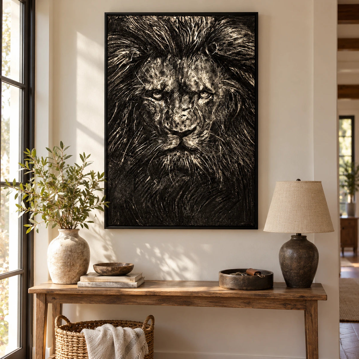 Black and Cream Lion Portrait Oil Painting | Front Facing Face and Flowing Mane Textured Vertical Wildlife Wall Art OA 1740
