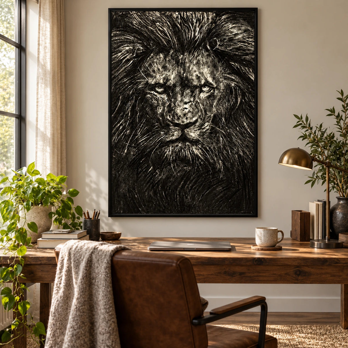 Black and Cream Lion Portrait Oil Painting | Front Facing Face and Flowing Mane Textured Vertical Wildlife Wall Art OA 1740