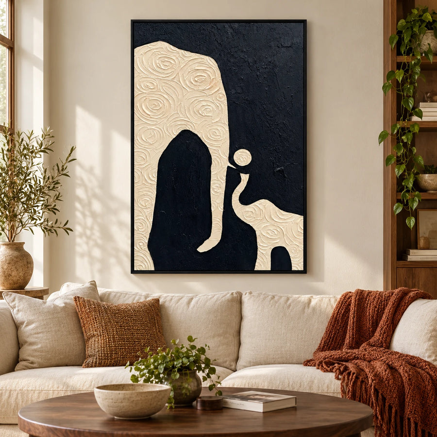 Black and Ivory Abstract Oil Painting | Sculptural Organic Shapes and Spiral Relief Textured Vertical Wall Art #OA 1813