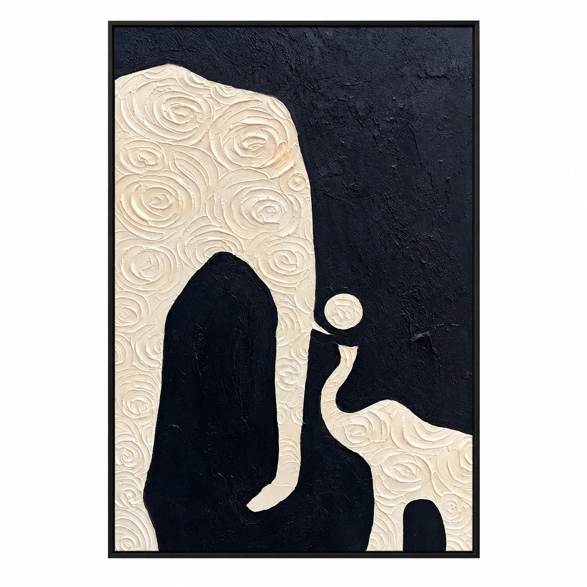 Black and Ivory Abstract Oil Painting | Sculptural Organic Shapes and Spiral Relief Textured Vertical Wall Art #OA 1813