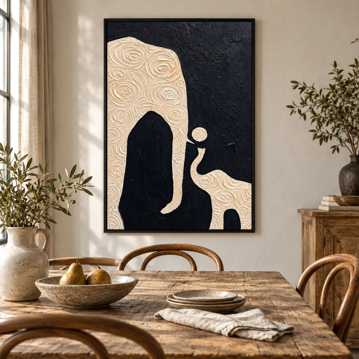Black and Ivory Abstract Oil Painting | Sculptural Organic Shapes and Spiral Relief Textured Vertical Wall Art #OA 1813