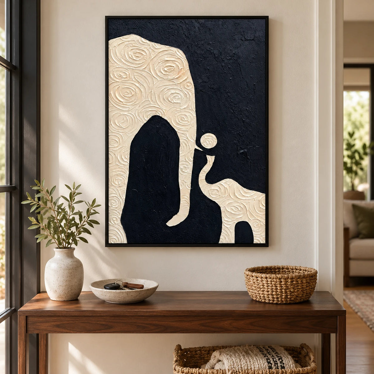 Black and Ivory Abstract Oil Painting | Sculptural Organic Shapes and Spiral Relief Textured Vertical Wall Art #OA 1813