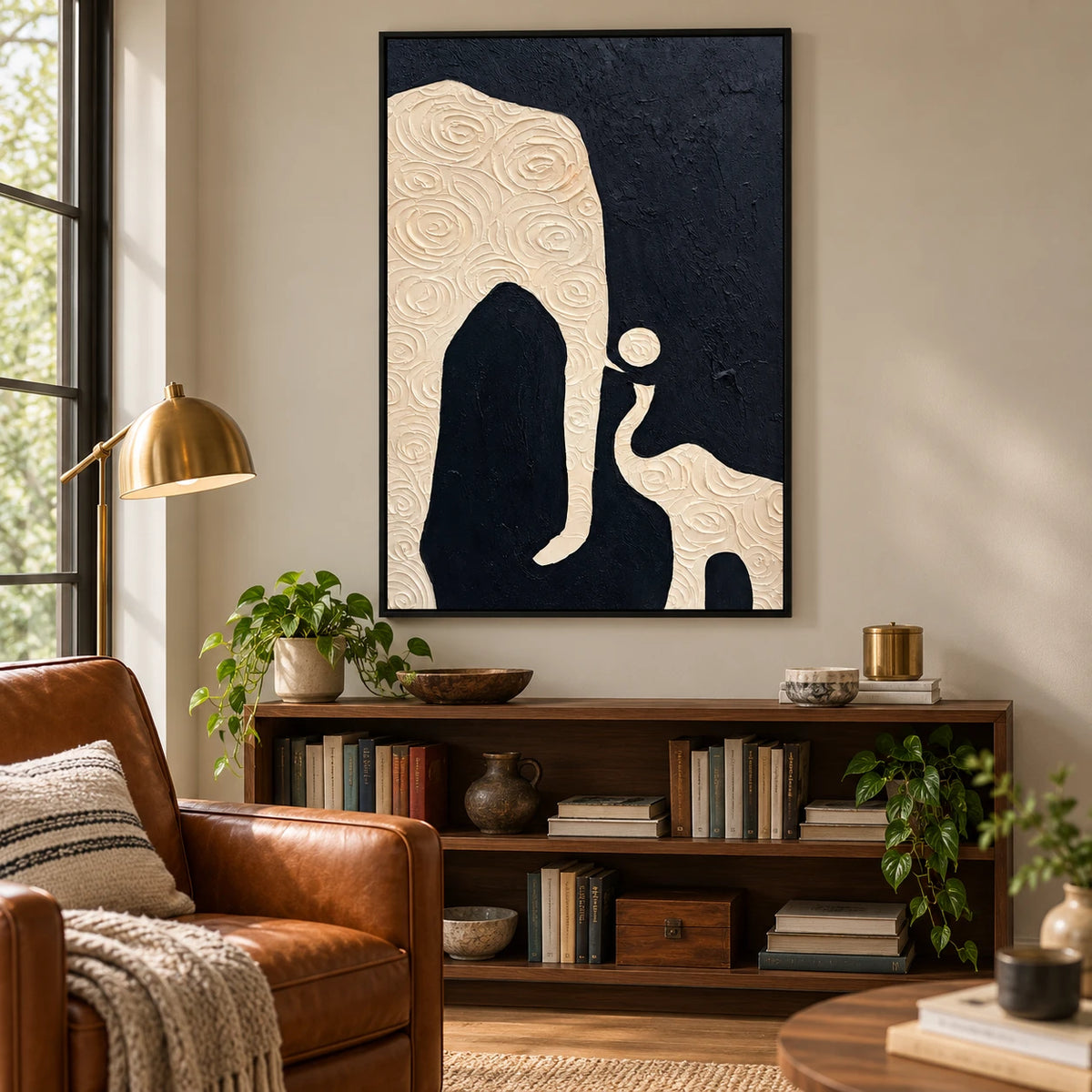Black and Ivory Abstract Oil Painting | Sculptural Organic Shapes and Spiral Relief Textured Vertical Wall Art #OA 1813