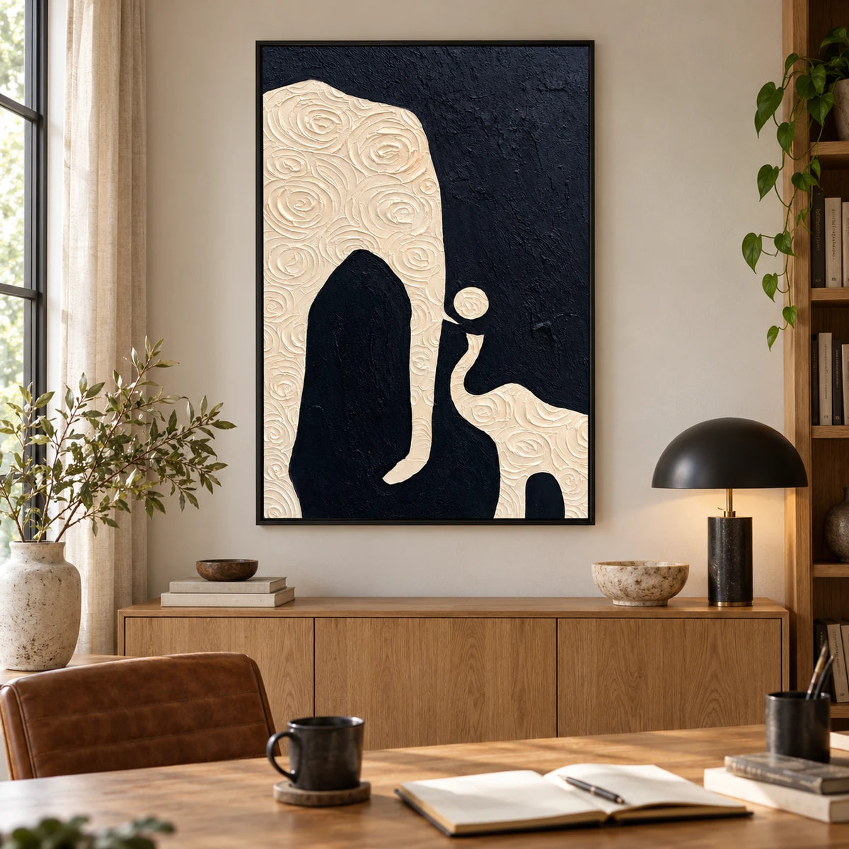 Black and Ivory Abstract Oil Painting | Sculptural Organic Shapes and Spiral Relief Textured Vertical Wall Art #OA 1813