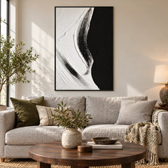 Black and White Abstract Oil Painting | Raised Curving Ridge and Fine Grooves Textured Vertical Minimalist Wall Art #OA 1821