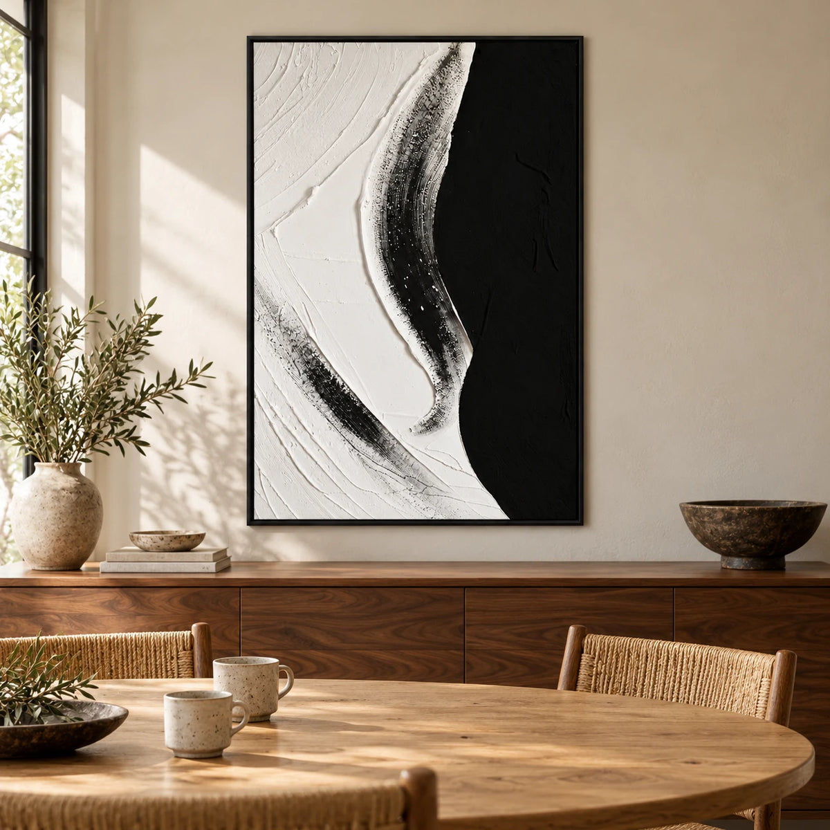 Black and White Abstract Oil Painting | Raised Curving Ridge and Fine Grooves Textured Vertical Minimalist Wall Art #OA 1821