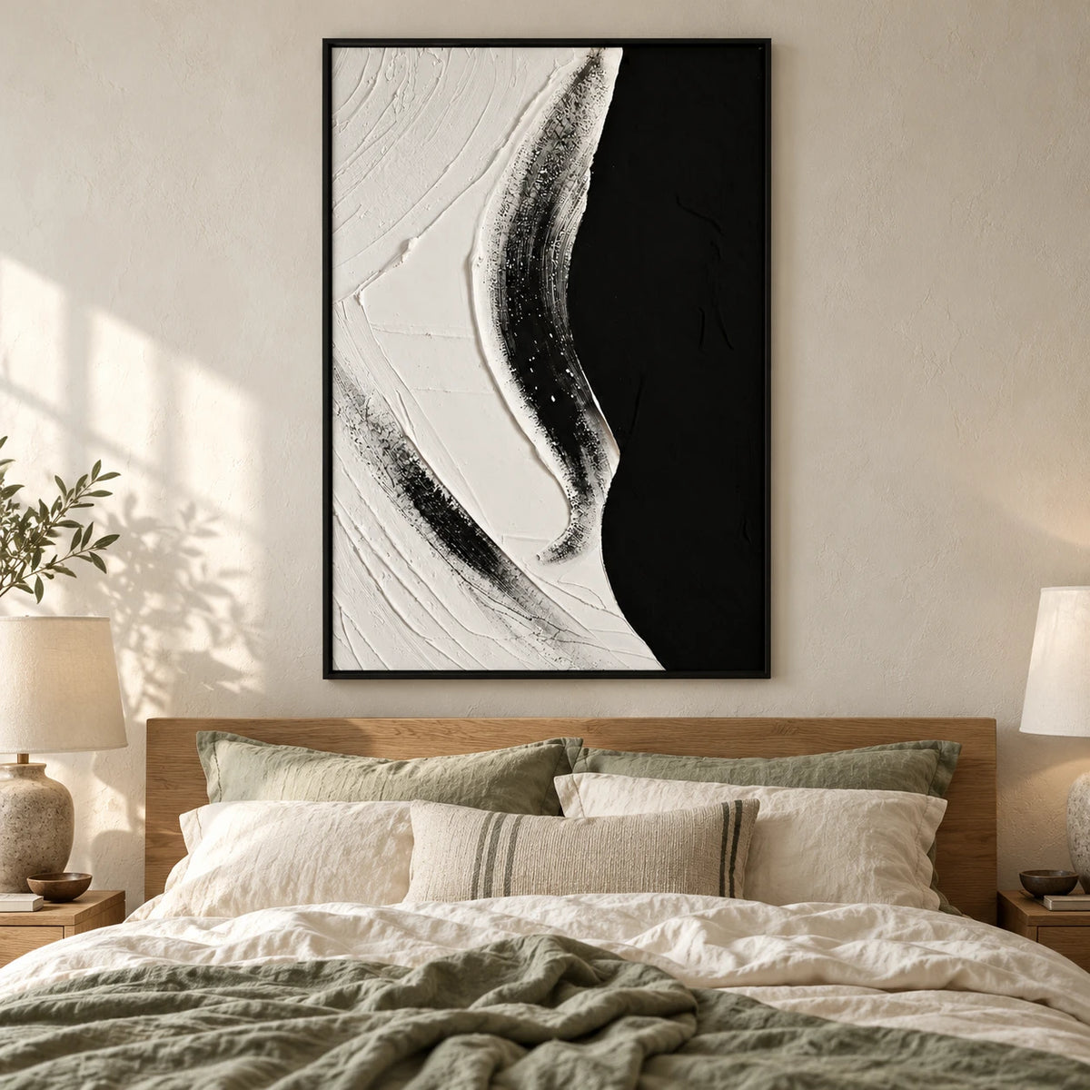 Black and White Abstract Oil Painting | Raised Curving Ridge and Fine Grooves Textured Vertical Minimalist Wall Art #OA 1821