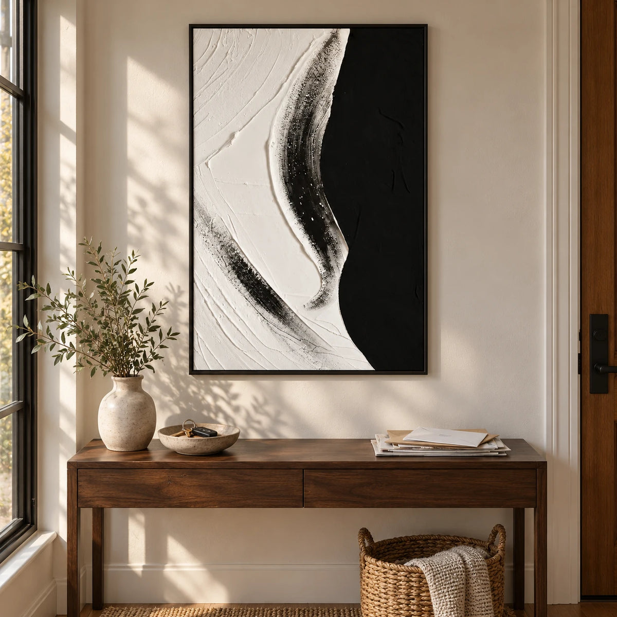 Black and White Abstract Oil Painting | Raised Curving Ridge and Fine Grooves Textured Vertical Minimalist Wall Art #OA 1821