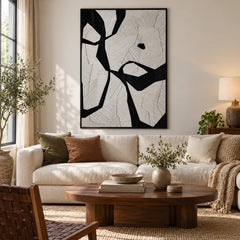 Black and White Geometric Oil Painting | Irregular Bands and Fine Incised Lines Vertical Abstract Wall Art #OA 1785