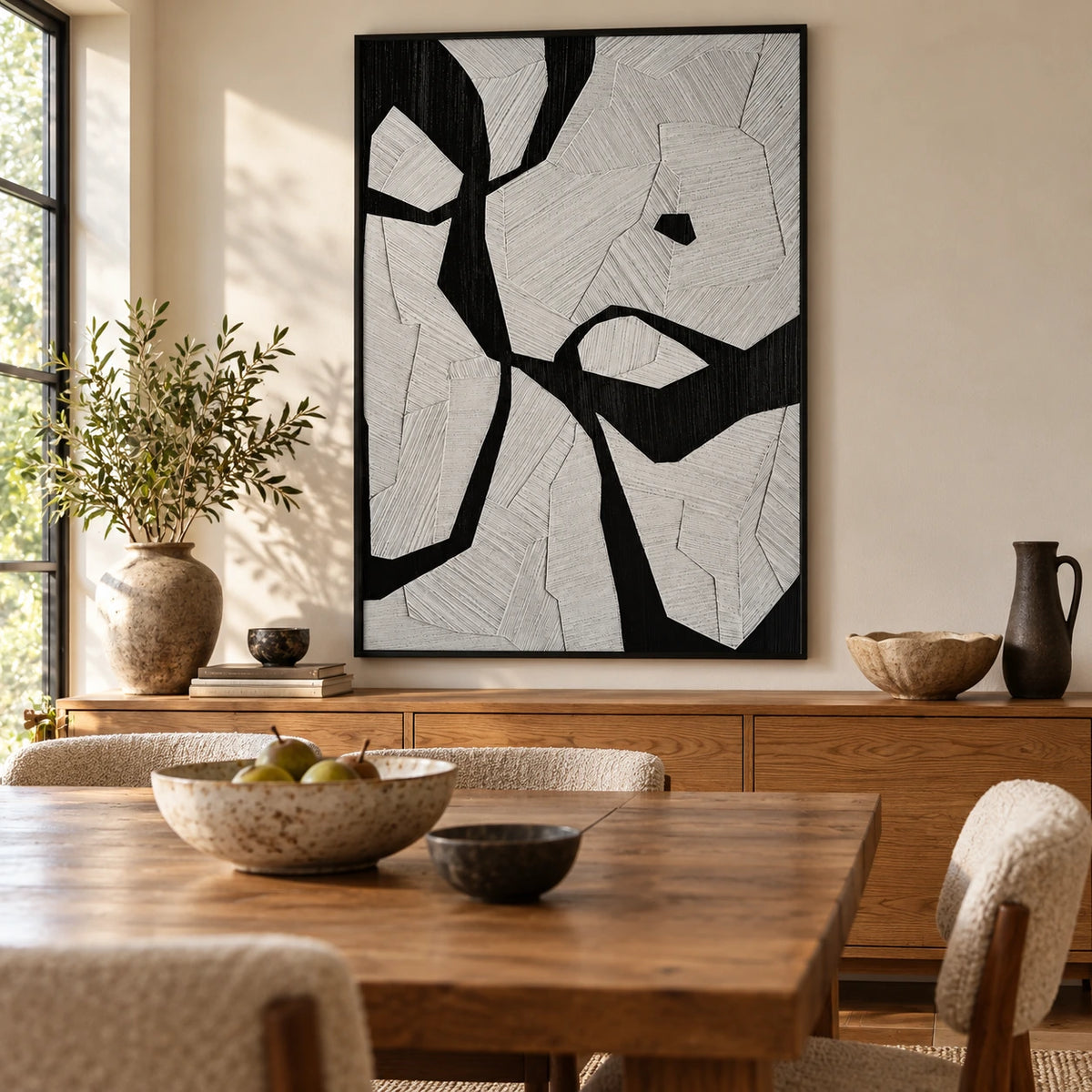 Black and White Geometric Oil Painting | Irregular Bands and Fine Incised Lines Vertical Abstract Wall Art OA 1785
