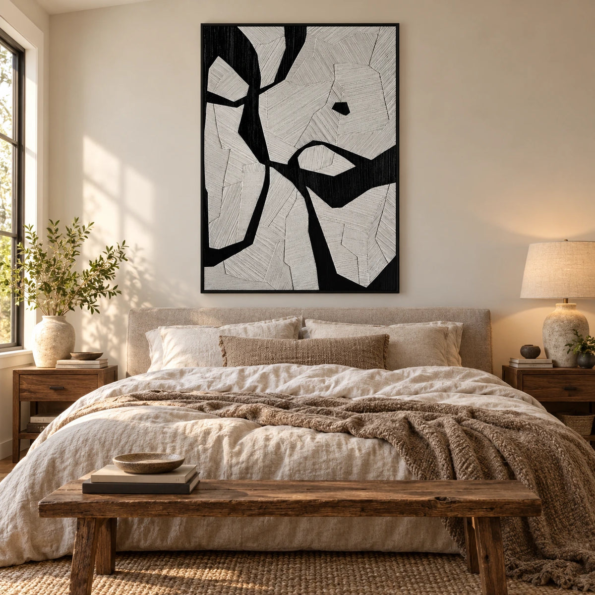 Black and White Geometric Oil Painting | Irregular Bands and Fine Incised Lines Vertical Abstract Wall Art OA 1785