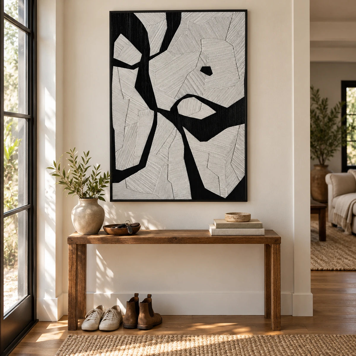 Black and White Geometric Oil Painting | Irregular Bands and Fine Incised Lines Vertical Abstract Wall Art OA 1785