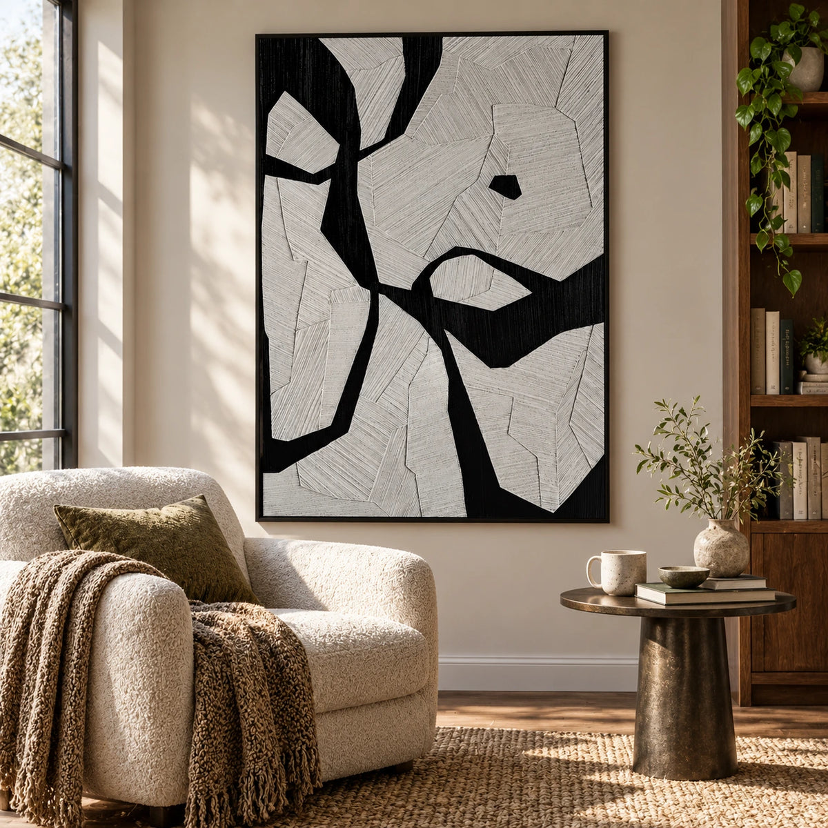 Black and White Geometric Oil Painting | Irregular Bands and Fine Incised Lines Vertical Abstract Wall Art OA 1785