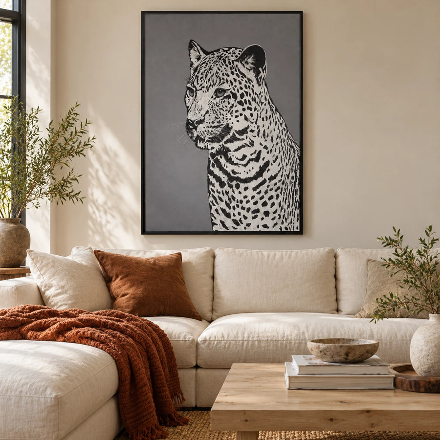 Black and White Leopard Portrait Oil Painting | Spotted Big Cat on Grey Vertical Wildlife Canvas Wall Art #OA 1822