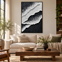 Black and White Ocean Foam Oil Painting | Raised Diagonal Waves Textured Vertical Monochrome Coastal Wall Art #OA 1792