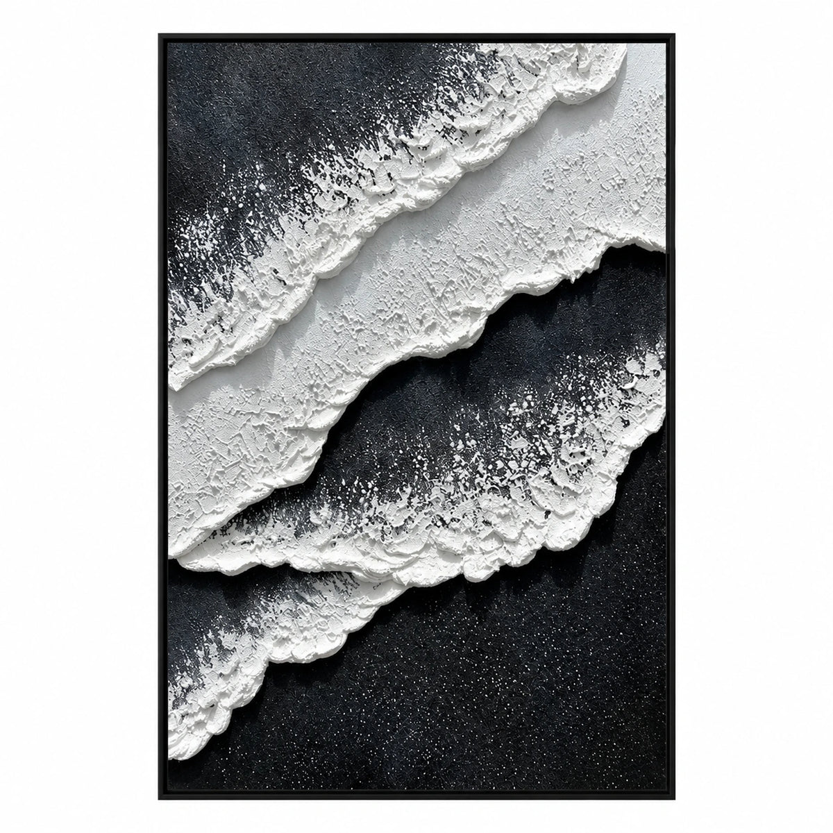 Black and White Ocean Foam Oil Painting | Raised Diagonal Waves Textured Vertical Monochrome Coastal Wall Art OA 1792