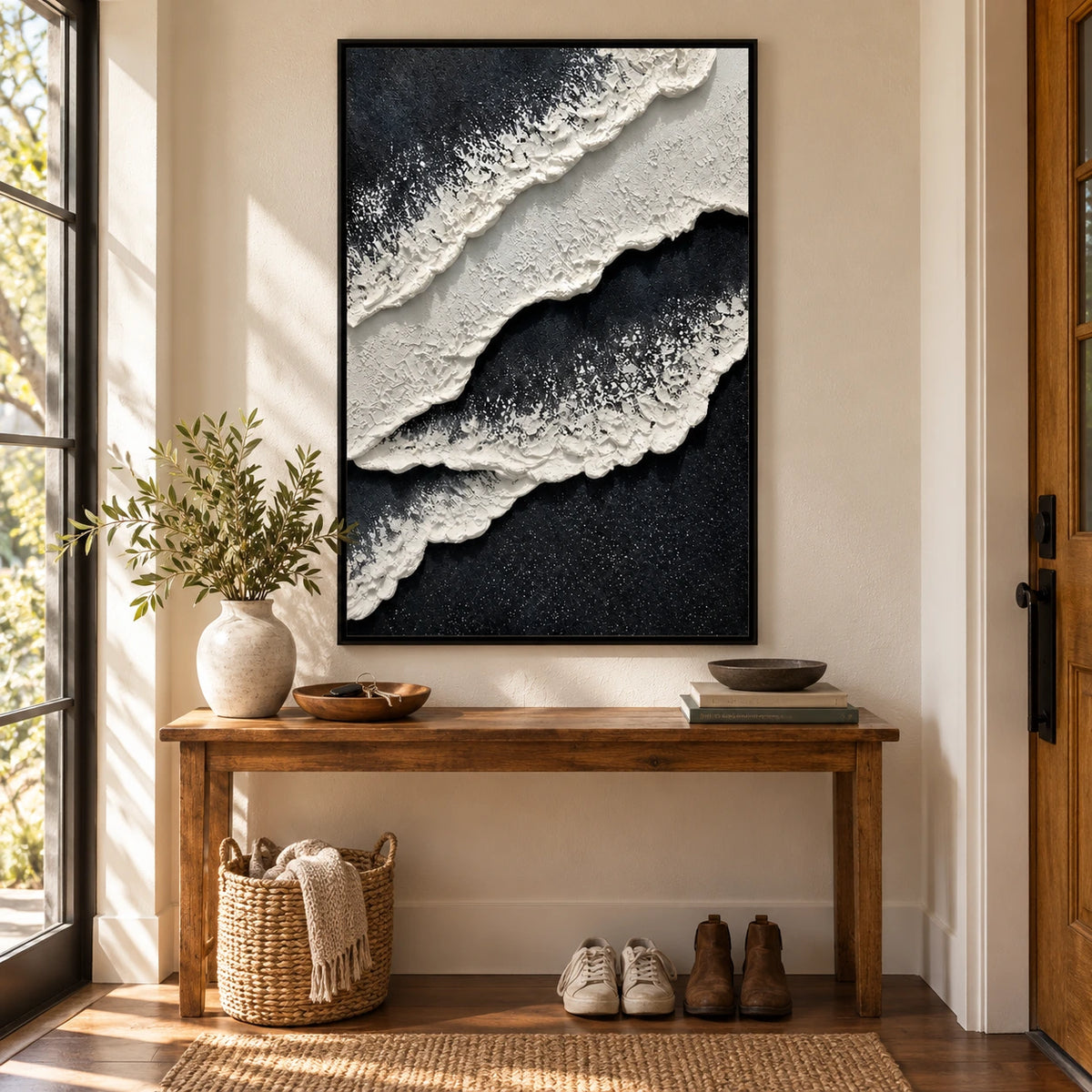 Black and White Ocean Foam Oil Painting | Raised Diagonal Waves Textured Vertical Monochrome Coastal Wall Art OA 1792