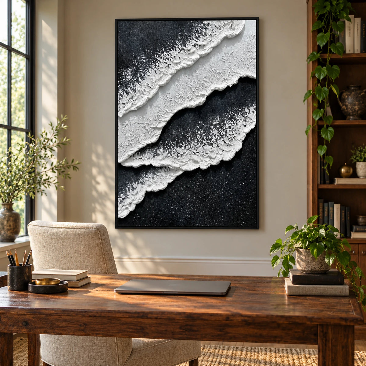 Black and White Ocean Foam Oil Painting | Raised Diagonal Waves Textured Vertical Monochrome Coastal Wall Art OA 1792