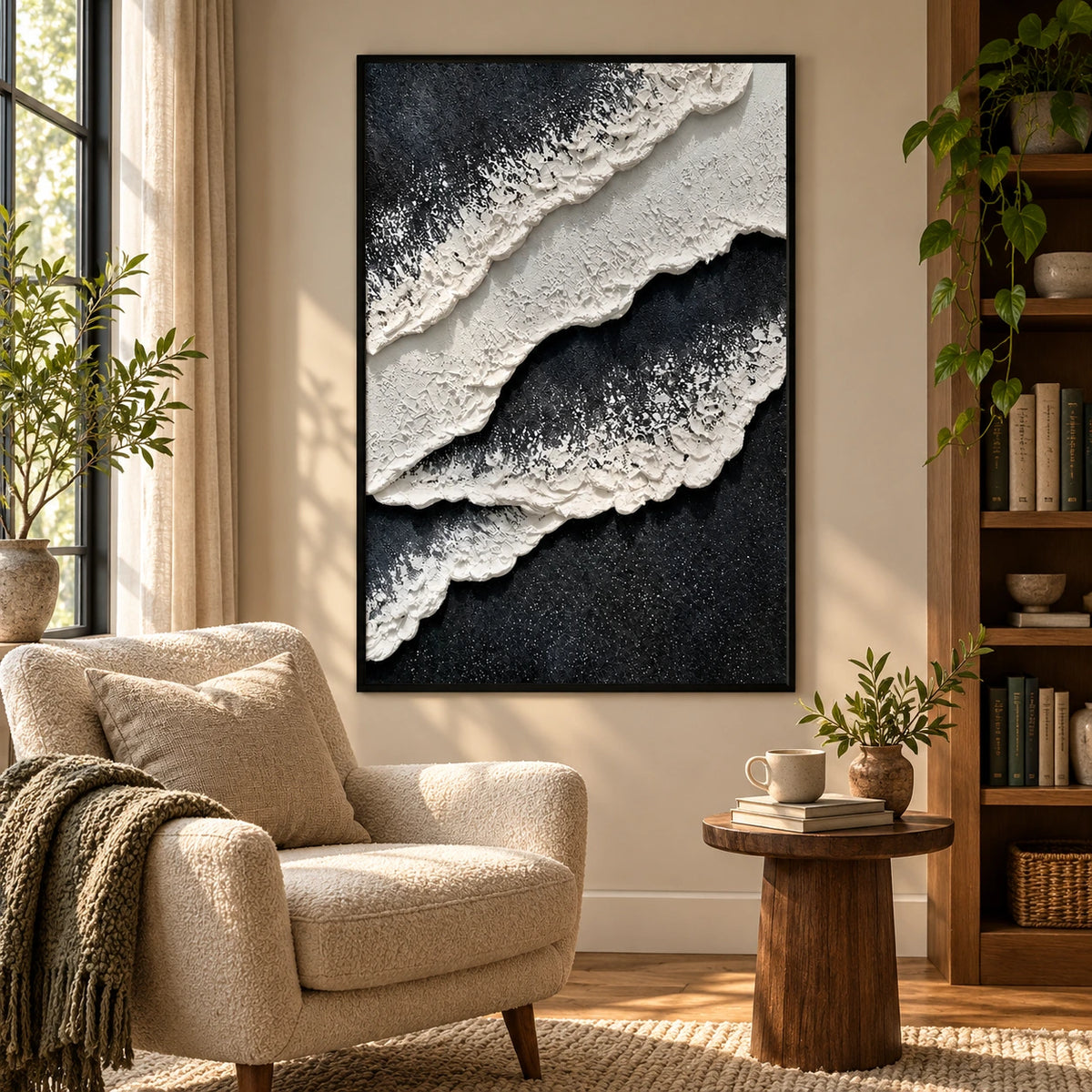 Black and White Ocean Foam Oil Painting | Raised Diagonal Waves Textured Vertical Monochrome Coastal Wall Art OA 1792