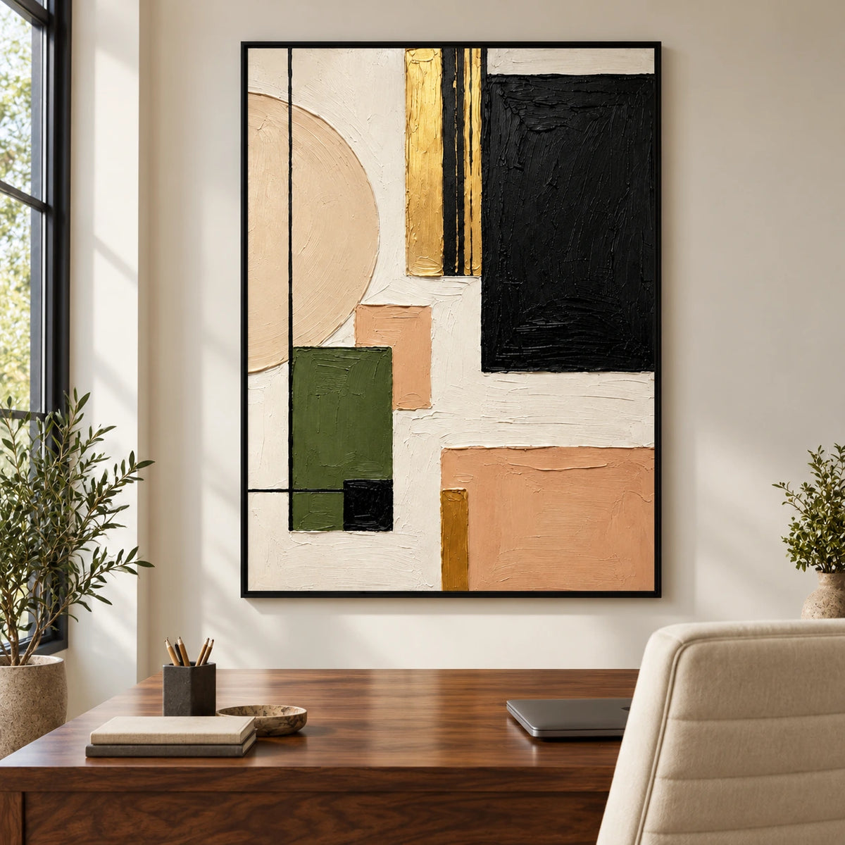 Black Olive Green and Beige Geometric Abstract Oil Painting | Neutral Textured Wall Art #OA 1608