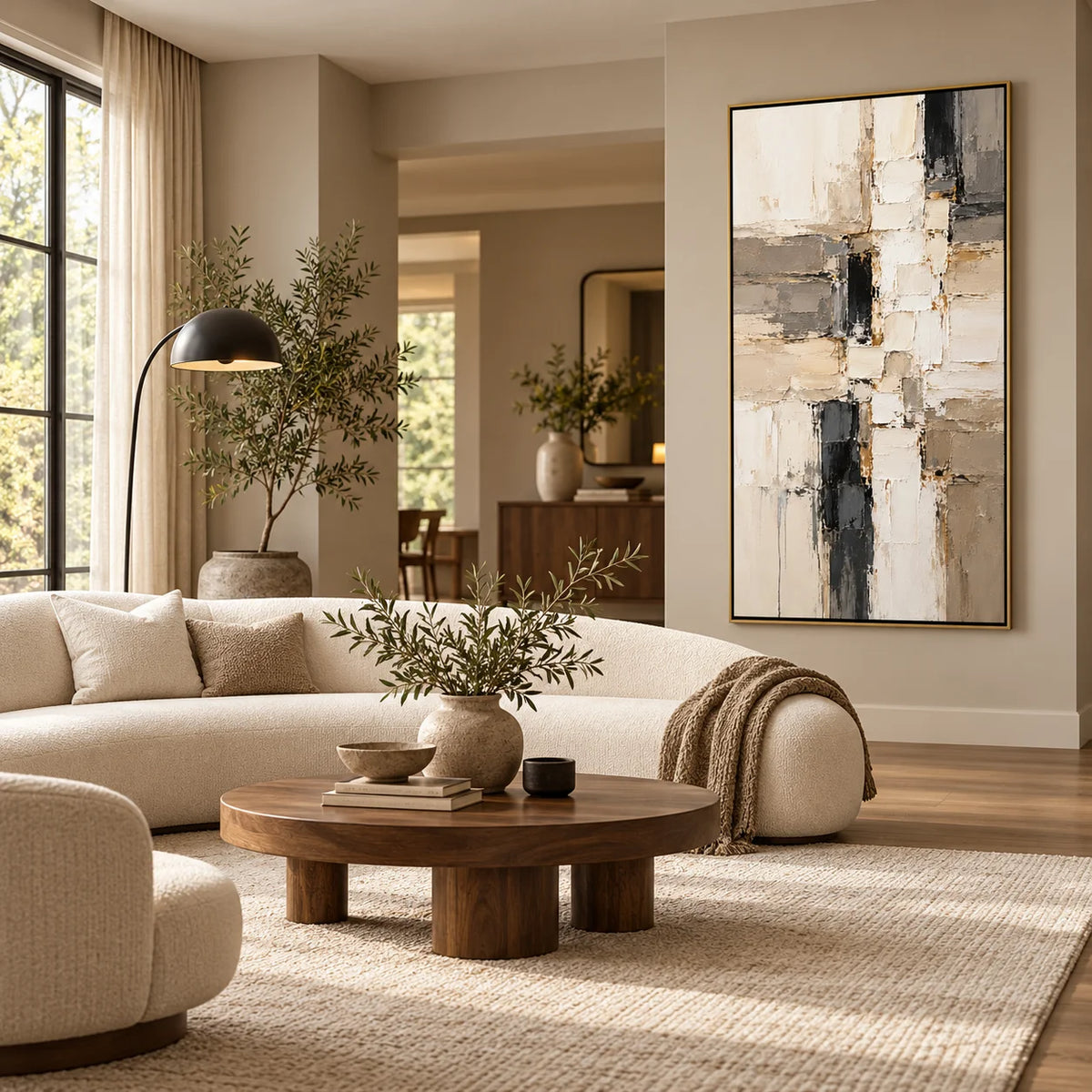 Black White and Beige Abstract Oil Painting, Hand Painted Vertical Textured Modern Minimalist Wall Art for Living Room Bedroom | Ownanart