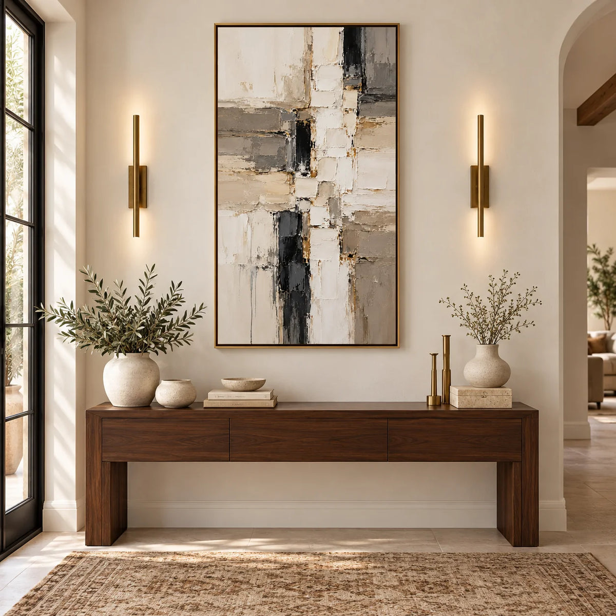 Black White and Beige Abstract Oil Painting, Hand Painted Vertical Textured Modern Minimalist Wall Art for Living Room Bedroom | Ownanart