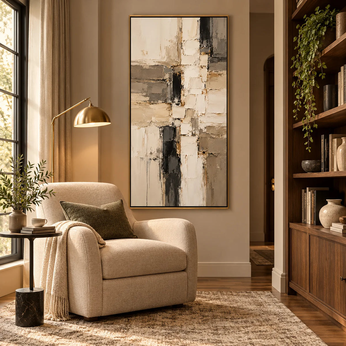 Black White and Beige Abstract Oil Painting, Hand Painted Vertical Textured Modern Minimalist Wall Art for Living Room Bedroom | Ownanart