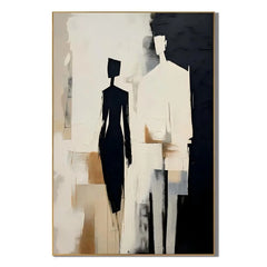 Black, White and Beige Two-Figure Minimalist Abstract Hand-Painted Oil Painting – Vertical Neutral Figurative Wall Art | Ownanart # OA 1219