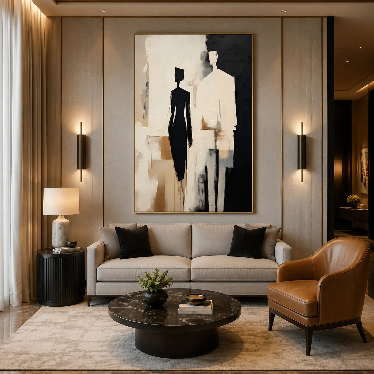 Black, White and Beige Two-Figure Minimalist Abstract Hand-Painted Oil Painting – Vertical Neutral Figurative Wall Art | Ownanart # OA 1219
