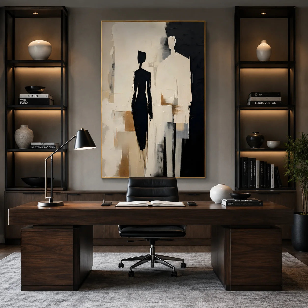 Black, White and Beige Two-Figure Minimalist Abstract Hand-Painted Oil Painting – Vertical Neutral Figurative Wall Art | Ownanart # OA 1219