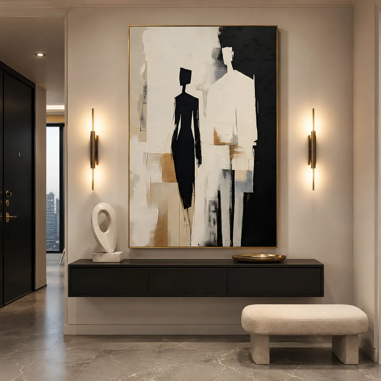 Black, White and Beige Two-Figure Minimalist Abstract Hand-Painted Oil Painting – Vertical Neutral Figurative Wall Art | Ownanart # OA 1219