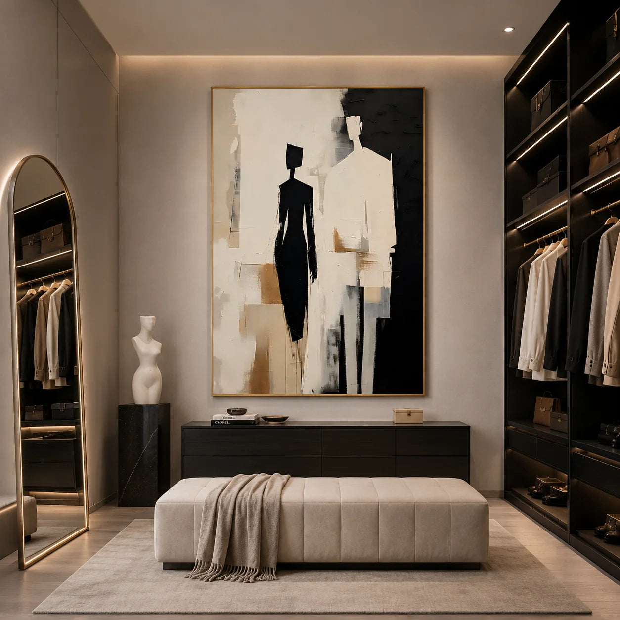 Black, White and Beige Two-Figure Minimalist Abstract Hand-Painted Oil Painting – Vertical Neutral Figurative Wall Art | Ownanart # OA 1219