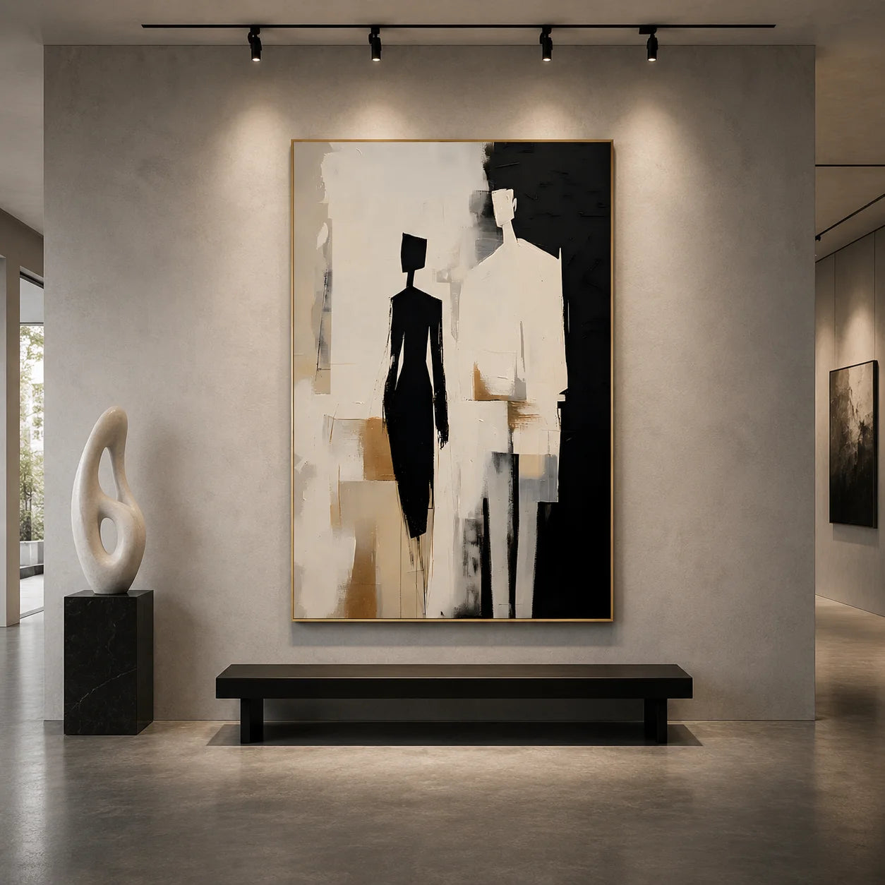 Black, White and Beige Two-Figure Minimalist Abstract Hand-Painted Oil Painting – Vertical Neutral Figurative Wall Art | Ownanart # OA 1219