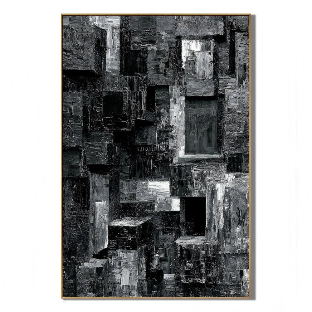 Black and Gray Urban Architecture Textured Abstract Oil Painting – Vertical Industrial Modern Wall Art | Ownanart # OA 1208