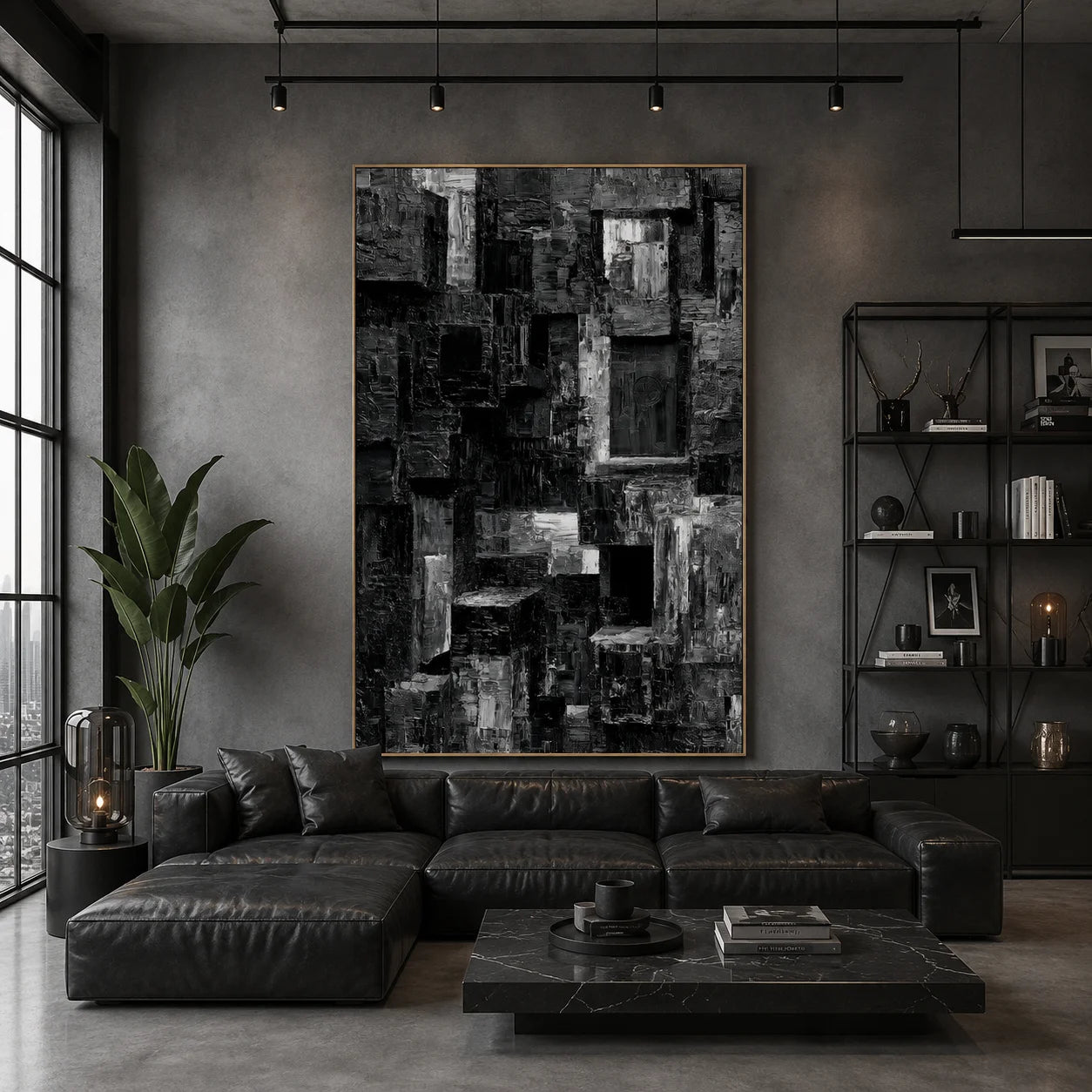 Black and Gray Urban Architecture Textured Abstract Oil Painting – Vertical Industrial Modern Wall Art | Ownanart # OA 1208