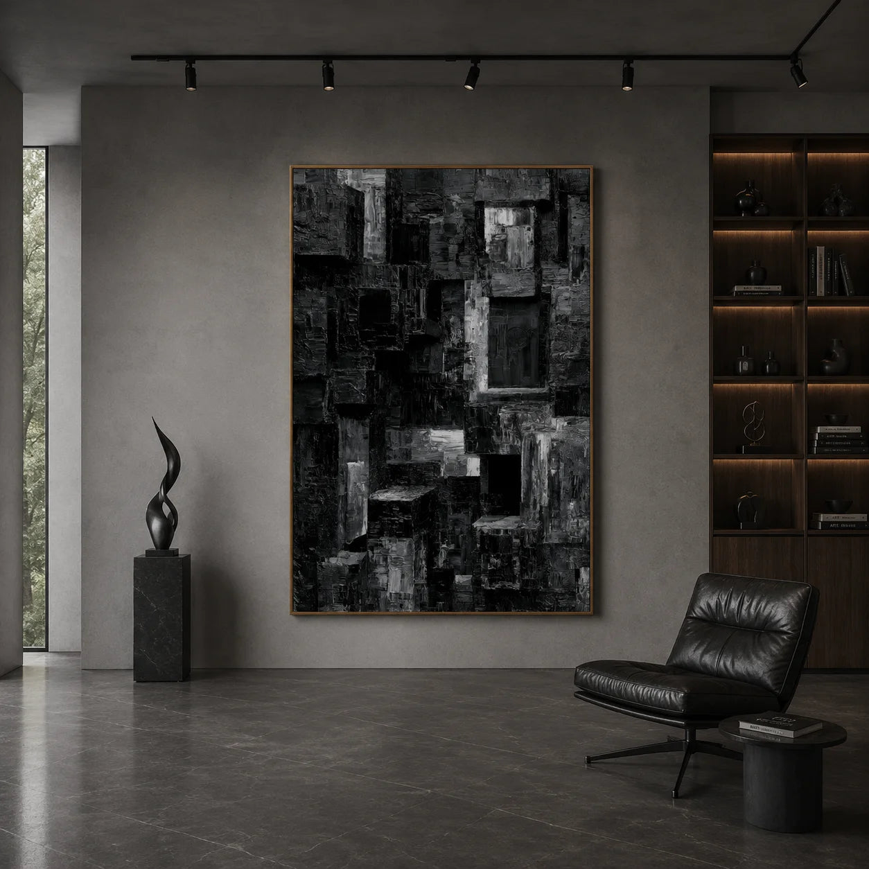 Black and Gray Urban Architecture Textured Abstract Oil Painting – Vertical Industrial Modern Wall Art | Ownanart # OA 1208