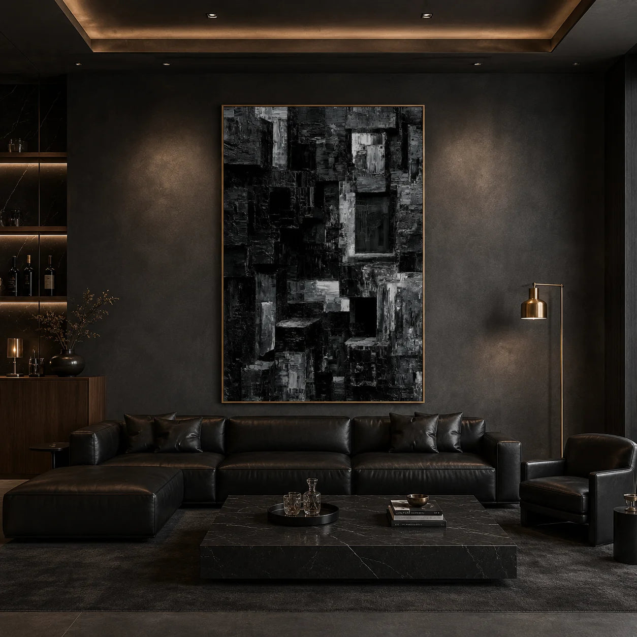 Black and Gray Urban Architecture Textured Abstract Oil Painting – Vertical Industrial Modern Wall Art | Ownanart # OA 1208