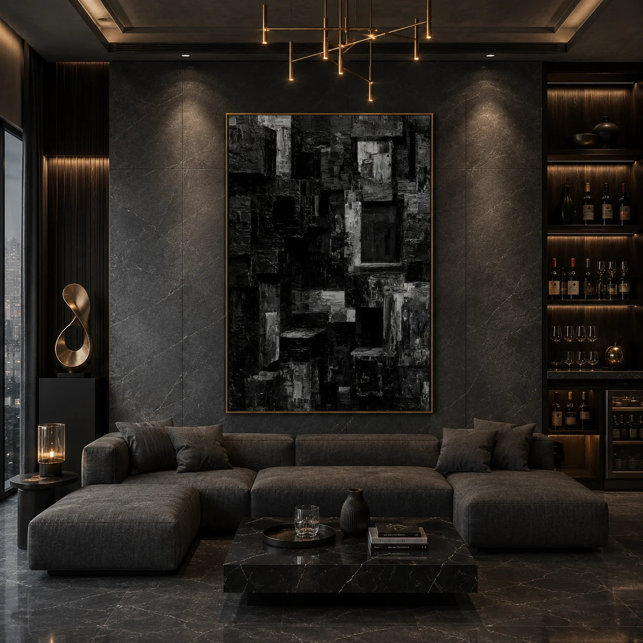 Black and Gray Urban Architecture Textured Abstract Oil Painting – Vertical Industrial Modern Wall Art | Ownanart # OA 1208