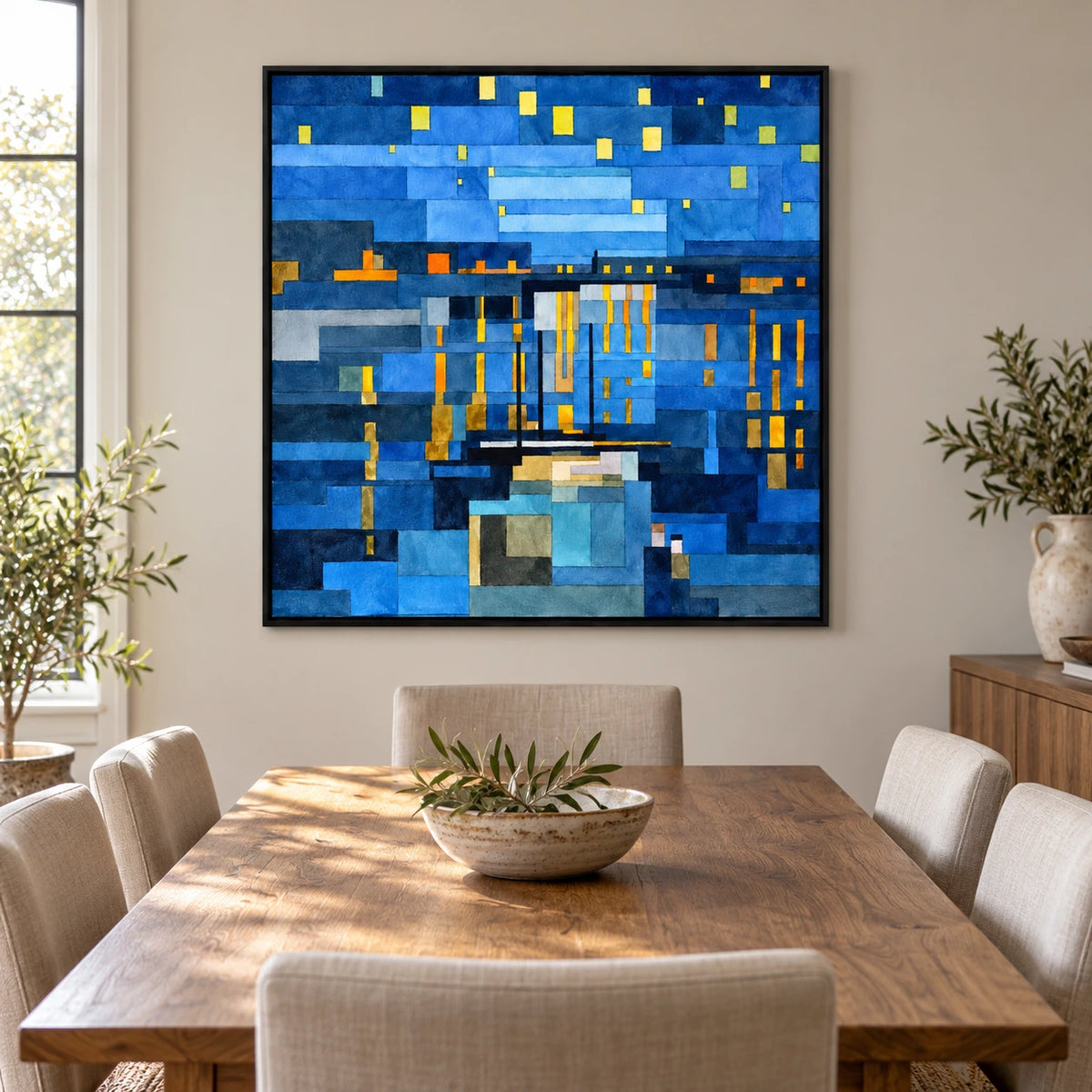 Blue Geometric Night Cityscape Oil Painting | Glowing Yellow Windows and Urban Reflections Square Wall Art #OA 1706