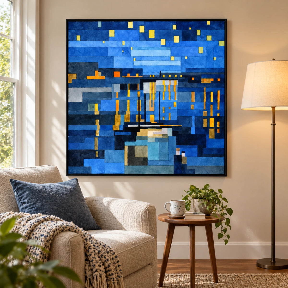 Blue Geometric Night Cityscape Oil Painting | Glowing Yellow Windows and Urban Reflections Square Wall Art #OA 1706