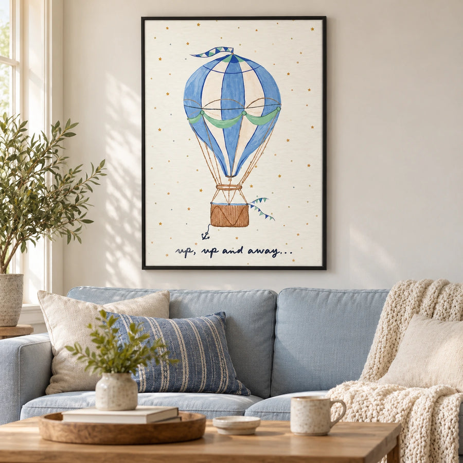 Blue Hot Air Balloon Oil Painting | Stars Green Bunting and Up Up and Away Lettering Vertical Nursery Wall Art #OA 1741